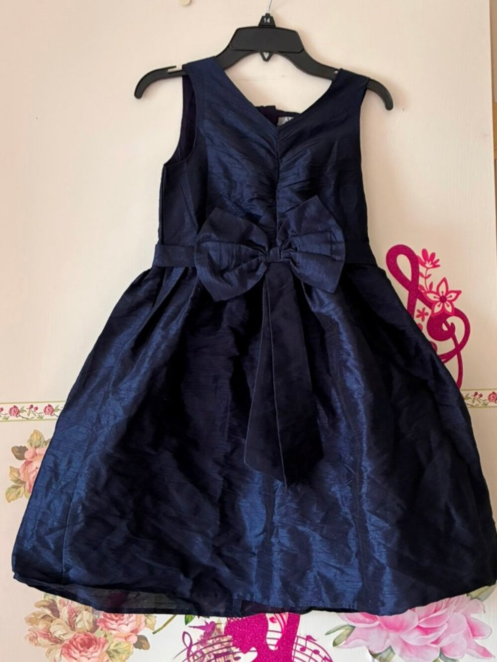 A.T.U.N. ATUN Shiny Girls Navy Blue Bow Party Formal Flared Dress 8 9